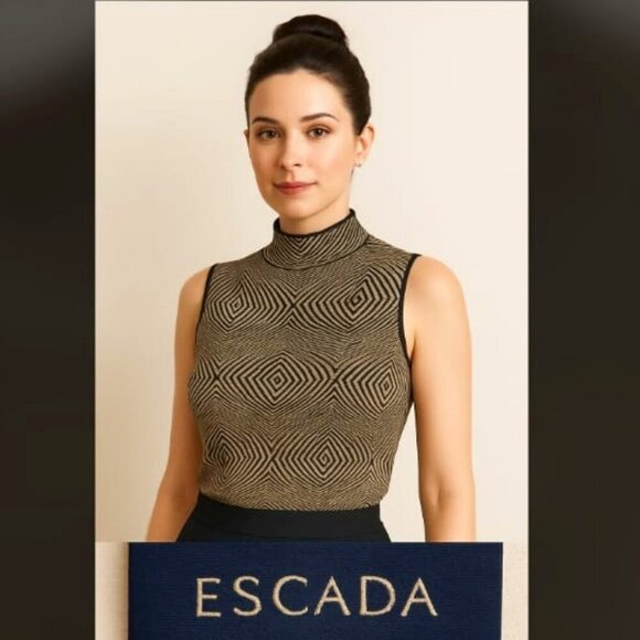 New ESCADA Y2K Vintage Geometric Knit Top Sleeveless Mock-neck M MSRP $400 - Picture 1 of 10